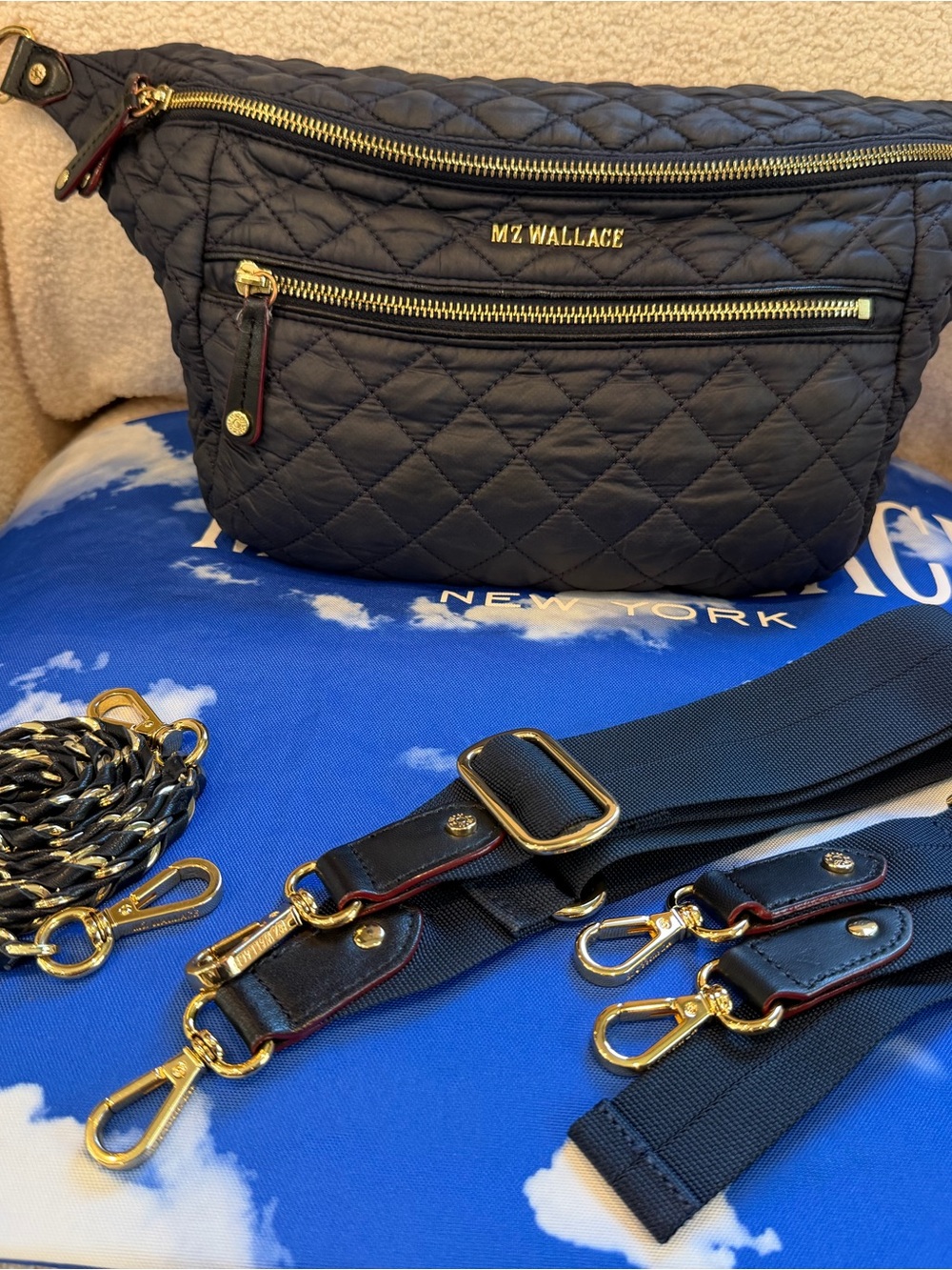 MZ WALLACE Crosby Swing Crossbody Navy with Gold Hardware